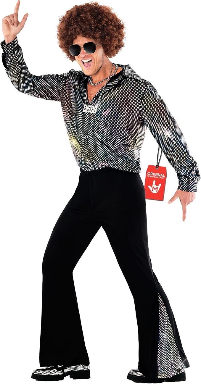 Men`s Disco Dude Costume + Wig Sunglasses Adult 1970s Dance Outfit Flares S-3XL