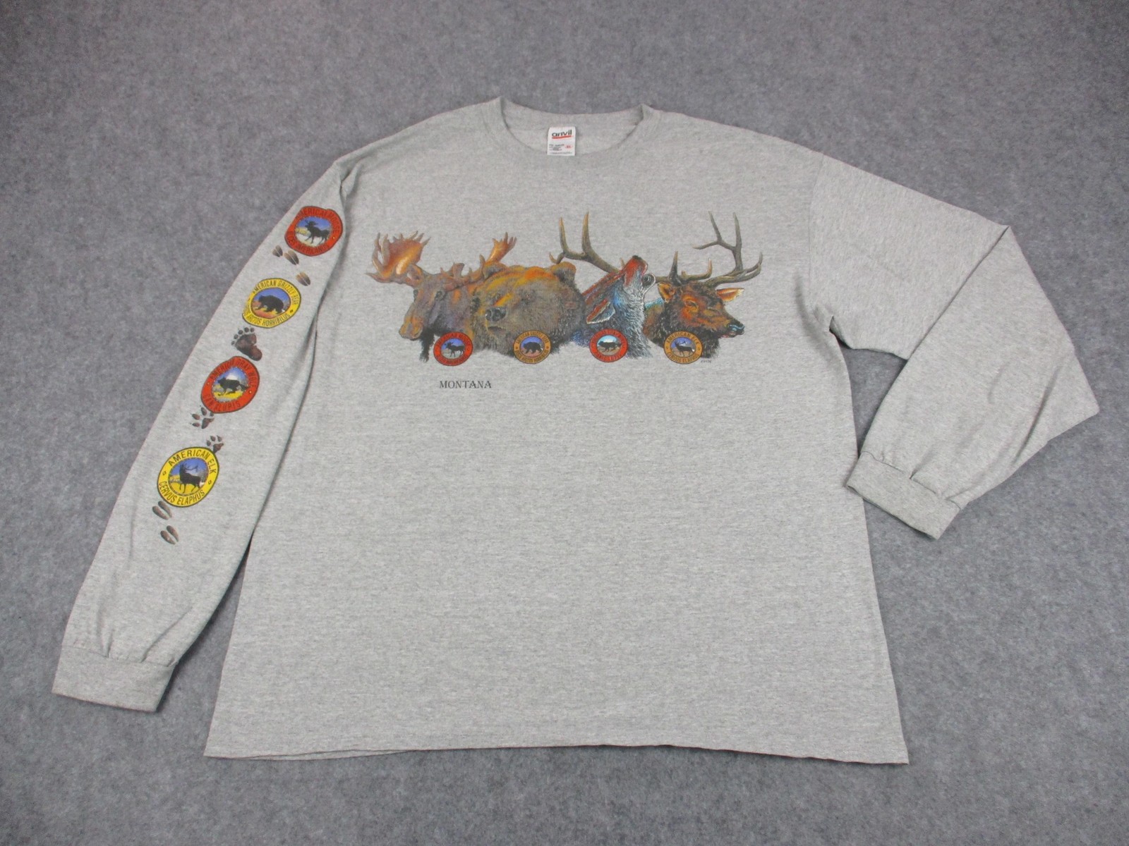 VINTAGE Montana Shirt Mens Extra Large Gray Anvil Wildlife Animals Long Sleeve