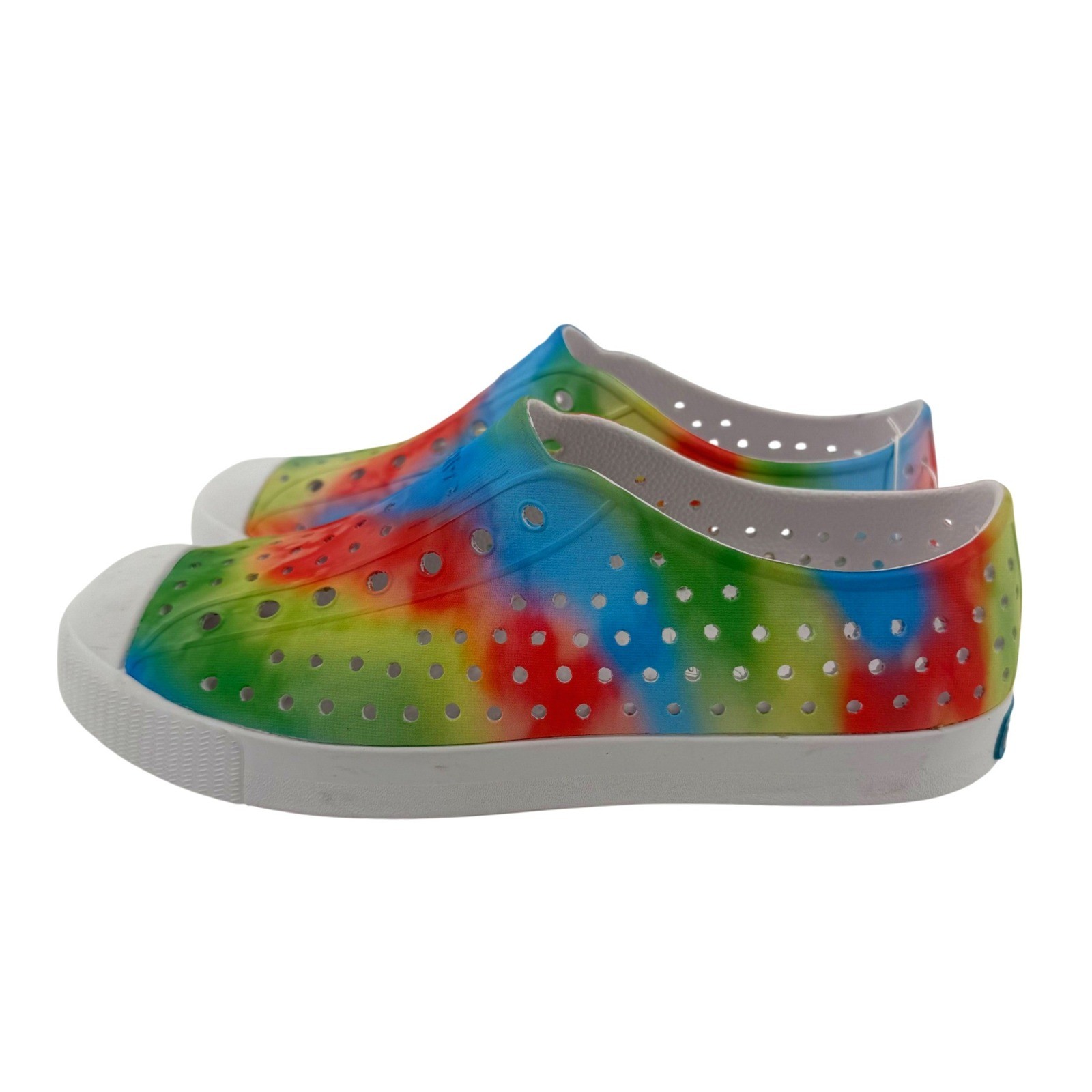 Native Jefferson Sugarlite Kids Shoes Rainbow Tie Dye Slip On Sneakers J4 White