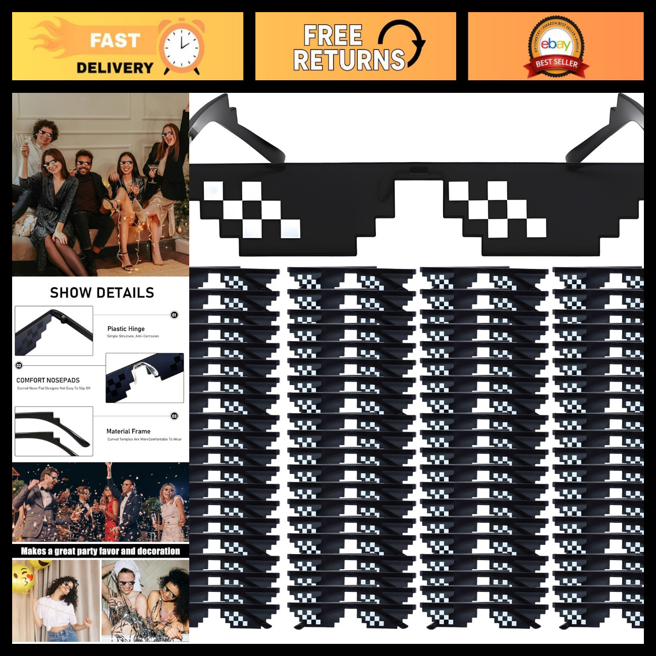 Bulk Thug Life Sunglasses 8 Bit Pixelated Gamer Glasses for Parties - 50/100 Pac