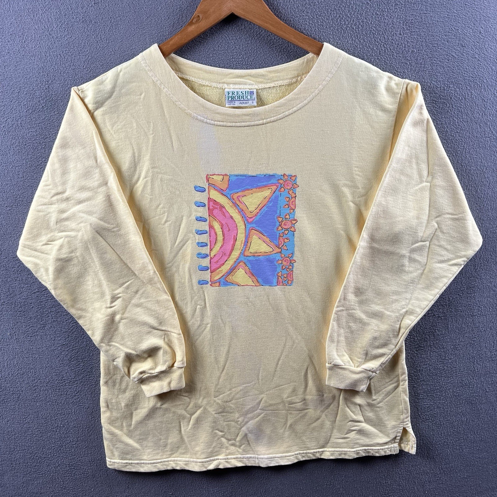 Vintage Fresh Produce Sweater Womens Small Yellow Pastel Sun Faded Pullover 90s