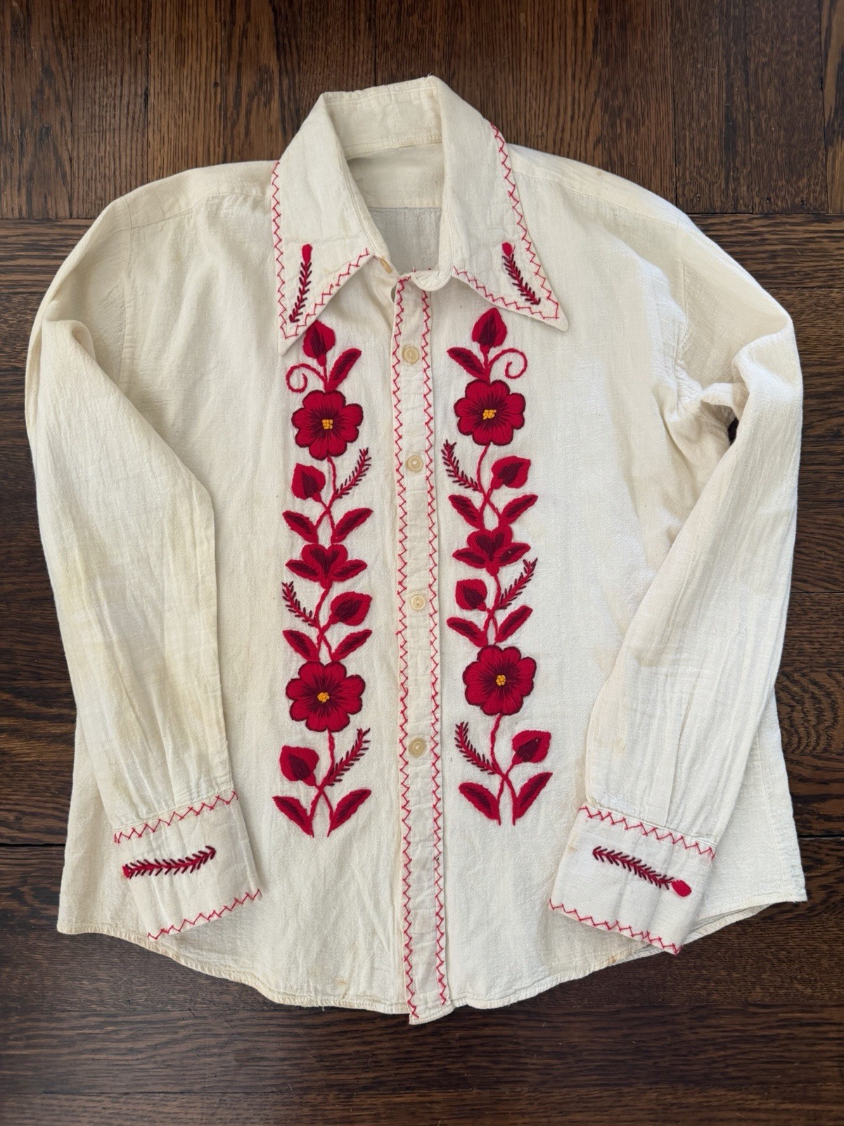 Vintage 70s Hand Embroidered Floral Shirt