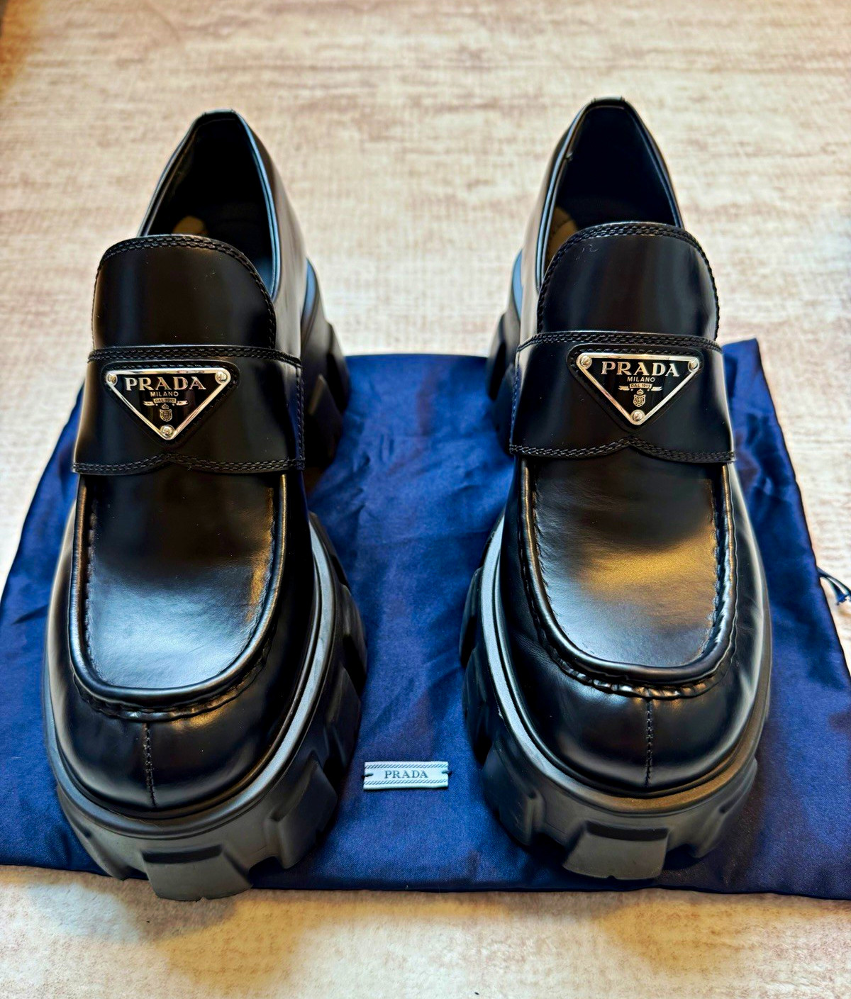 PRADA Monolith Men\'s Black Leather Slip-On Loafers Logo Round Toe US 8.5