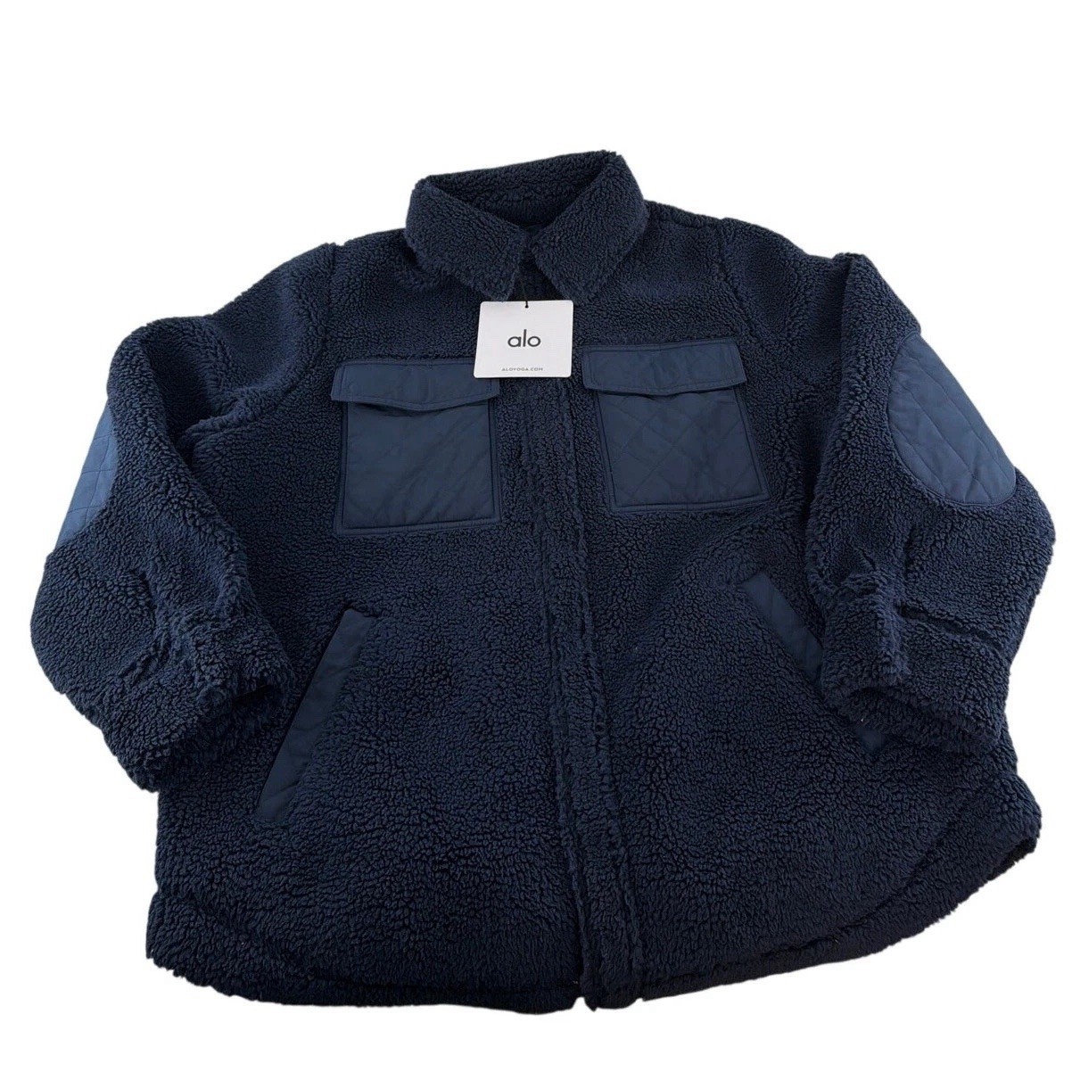 ALO Sherpa Edge Shacket Navy Plush Snap Front Collar