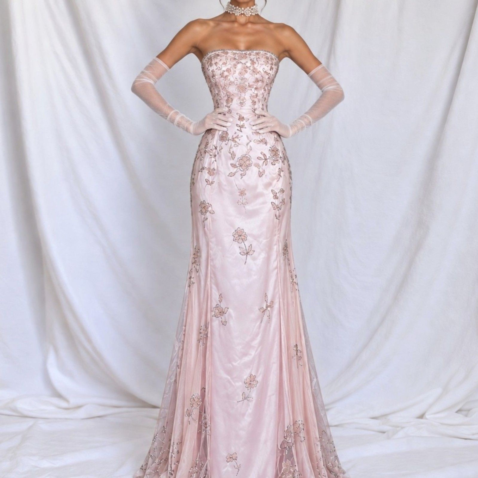 Vintage Y2K Pastel Pink Strapless Floral Beaded Mesh Maxi Prom Dress Size M