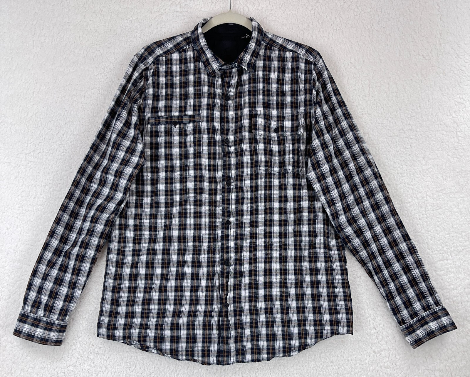 Comune Mens XL Blue Plaid Button Up Shirt Long Sleeve 100% Cotton Casual Check