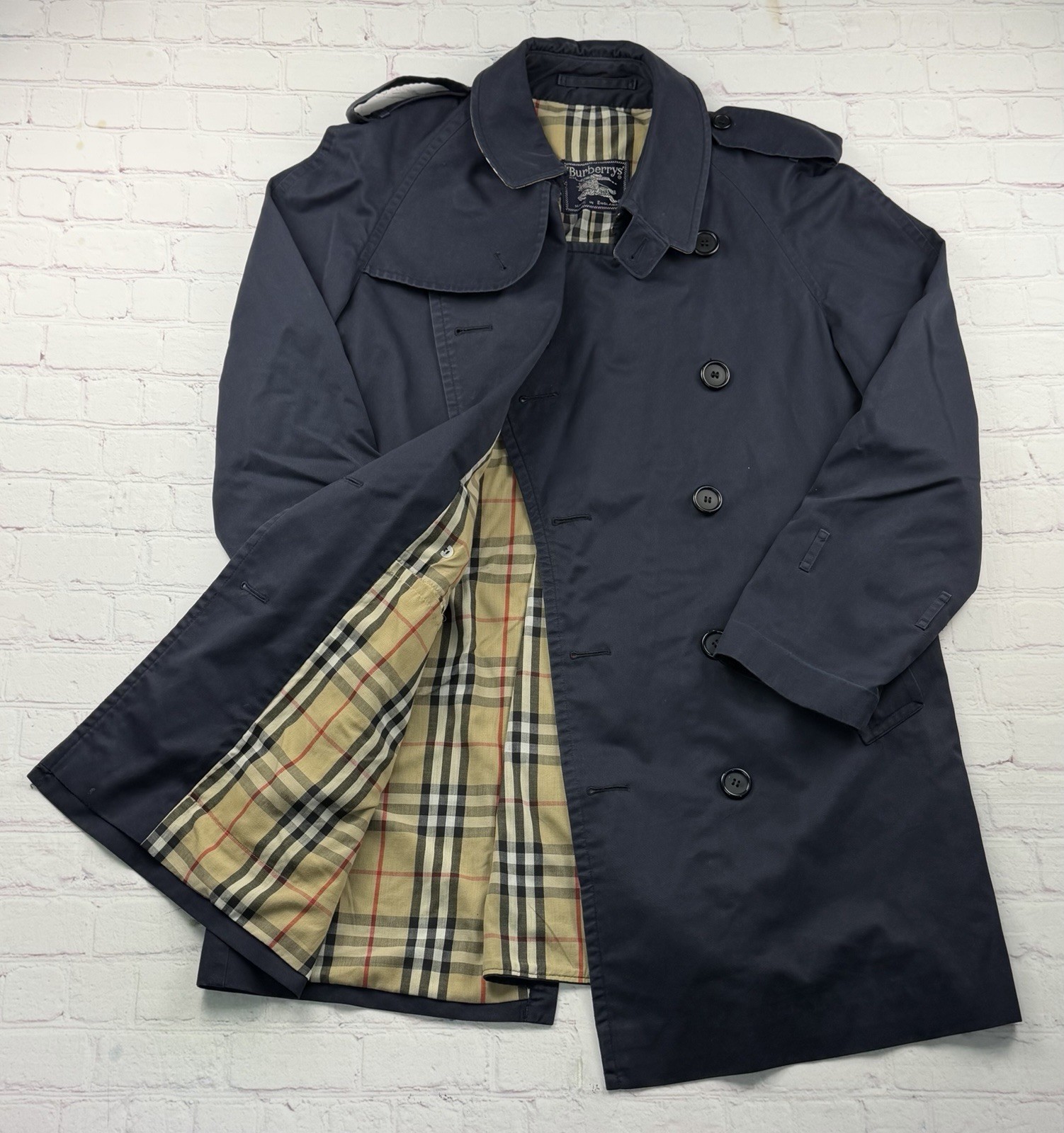 Vintage Navy Blue Burberry England Double-Breasted Nova Check Trench coat - L