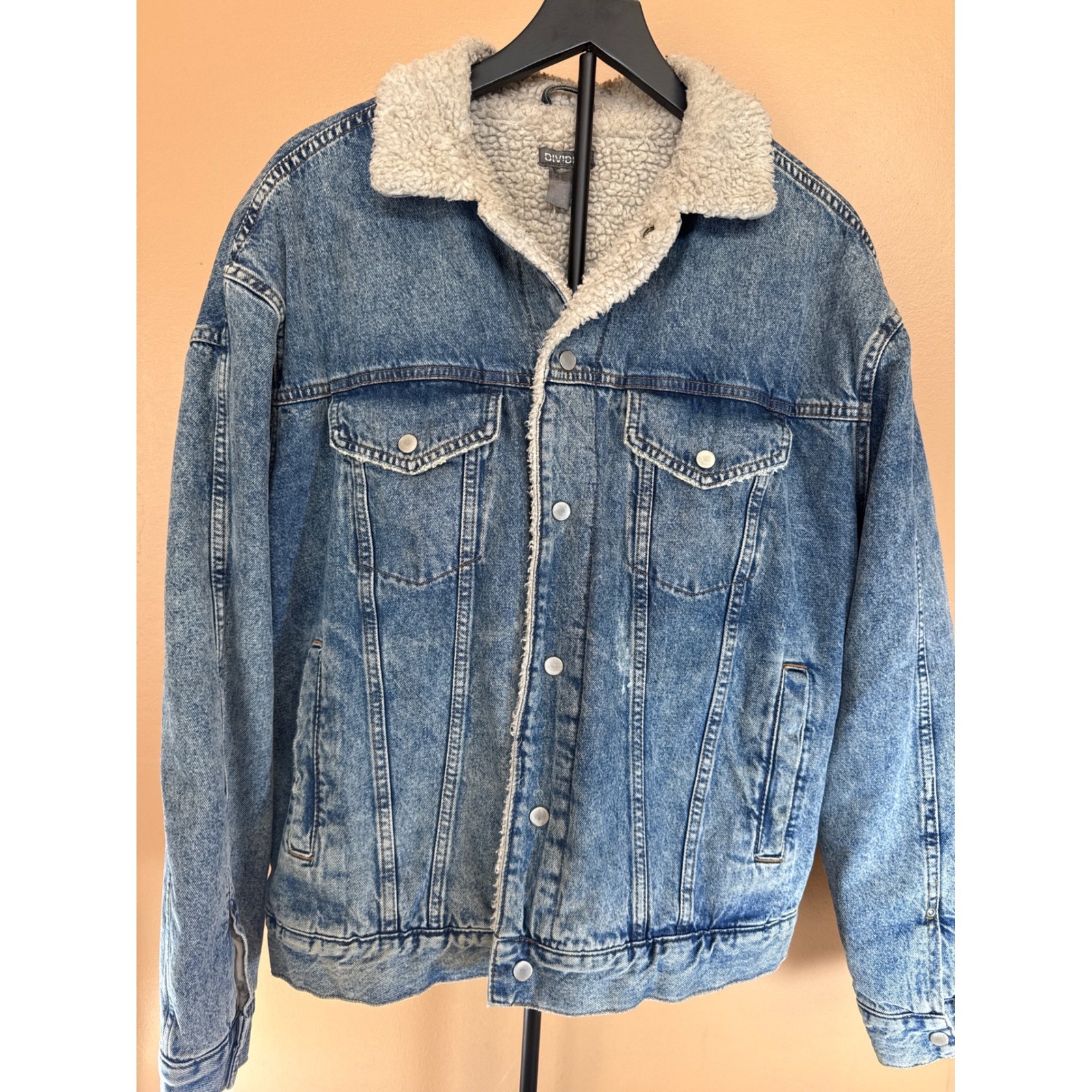 H&M Divided Mens Denim Sherpa Lined Trucker Jacket Blue Medium Wash Size M