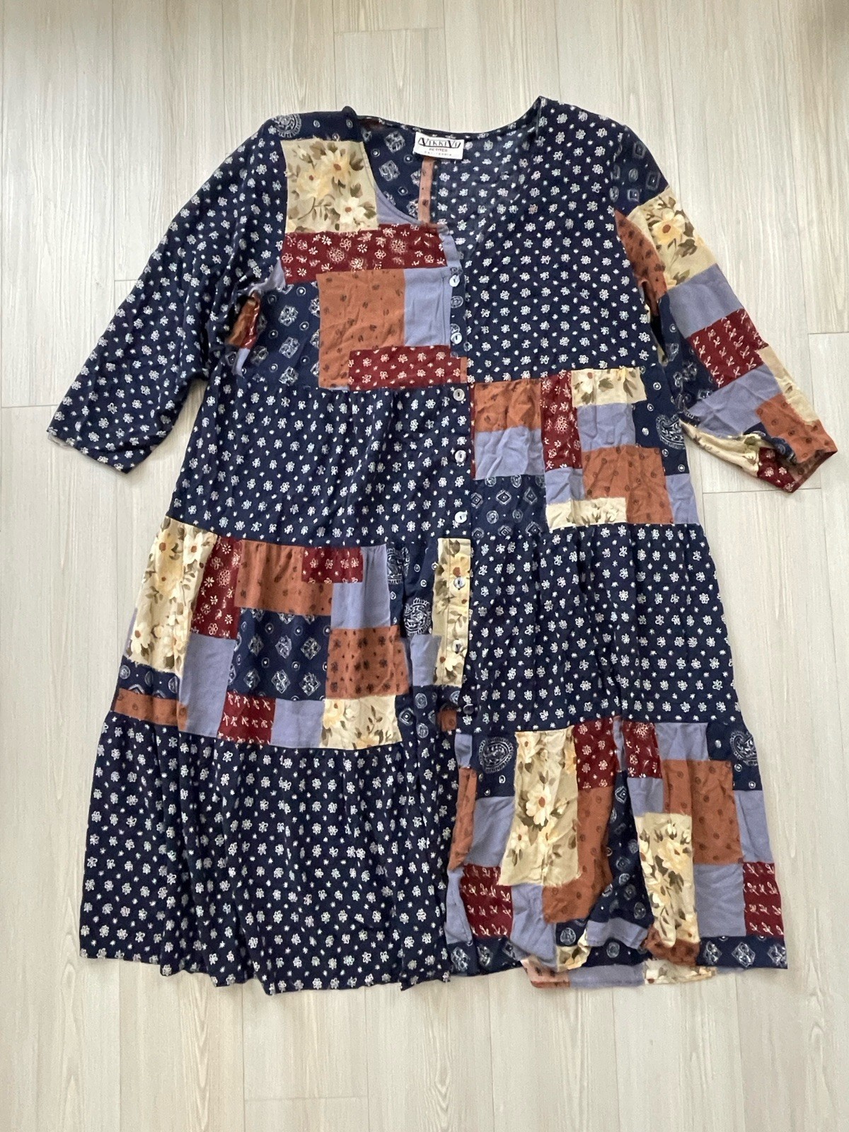Vikki VI Women\'s Vintage Patchwork Maxi Dress Size 18 Made In USA Art Teacher