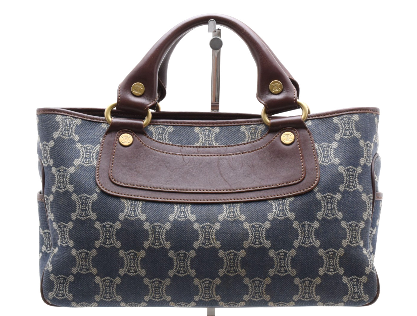 CELINE [Rank AA] Boogie Hand Bag Paris Macadam Canvas Indigo Blue Brown Leather