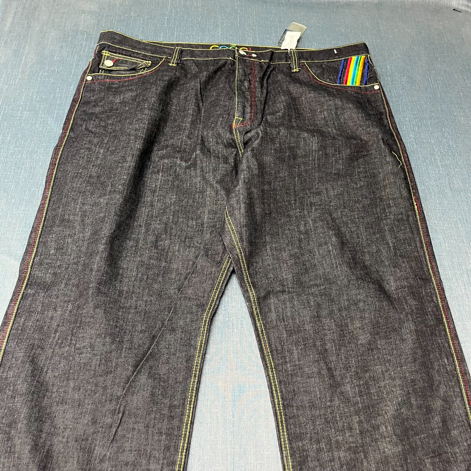 COOGI Men\'s Jeans Size 50x36 Jet Black Denim Rainbow Embroidered Sneaker NWT
