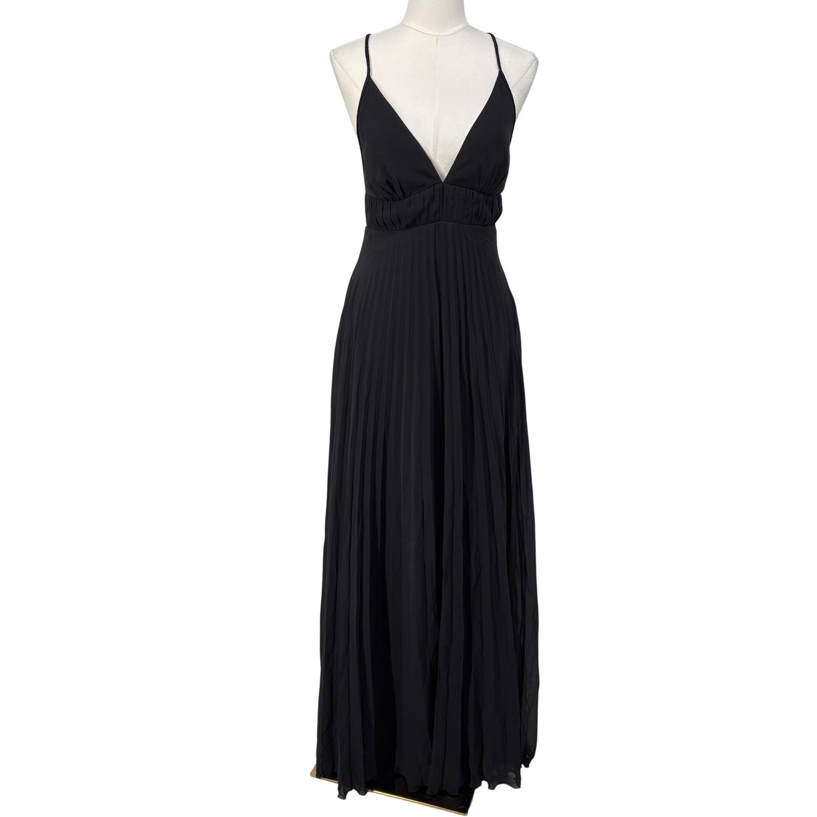 BCBG Paris Black 100% Silk Pleated Maxi Dress V-Neck Braided Straps Size 8 Y2K
