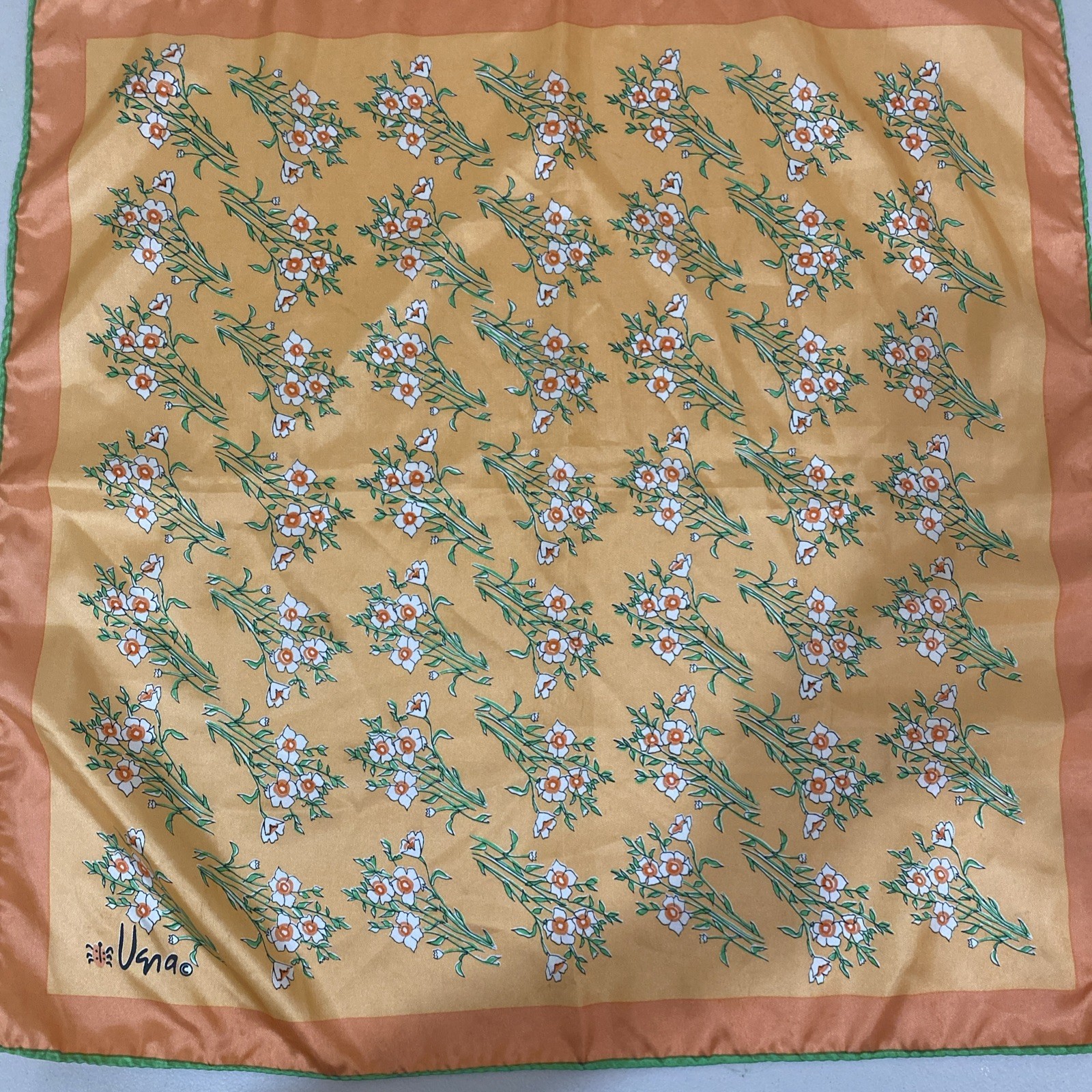 Vintage Vera Neumann 21 & 1/2” X 21 & 1/2” Orange, Peach & Green Floral Scarf