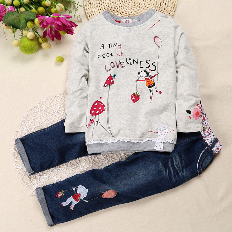 2Pcs Toddler Infant Girls Outfits Long Sleeve tops +Denim pants Kids Clothes Set