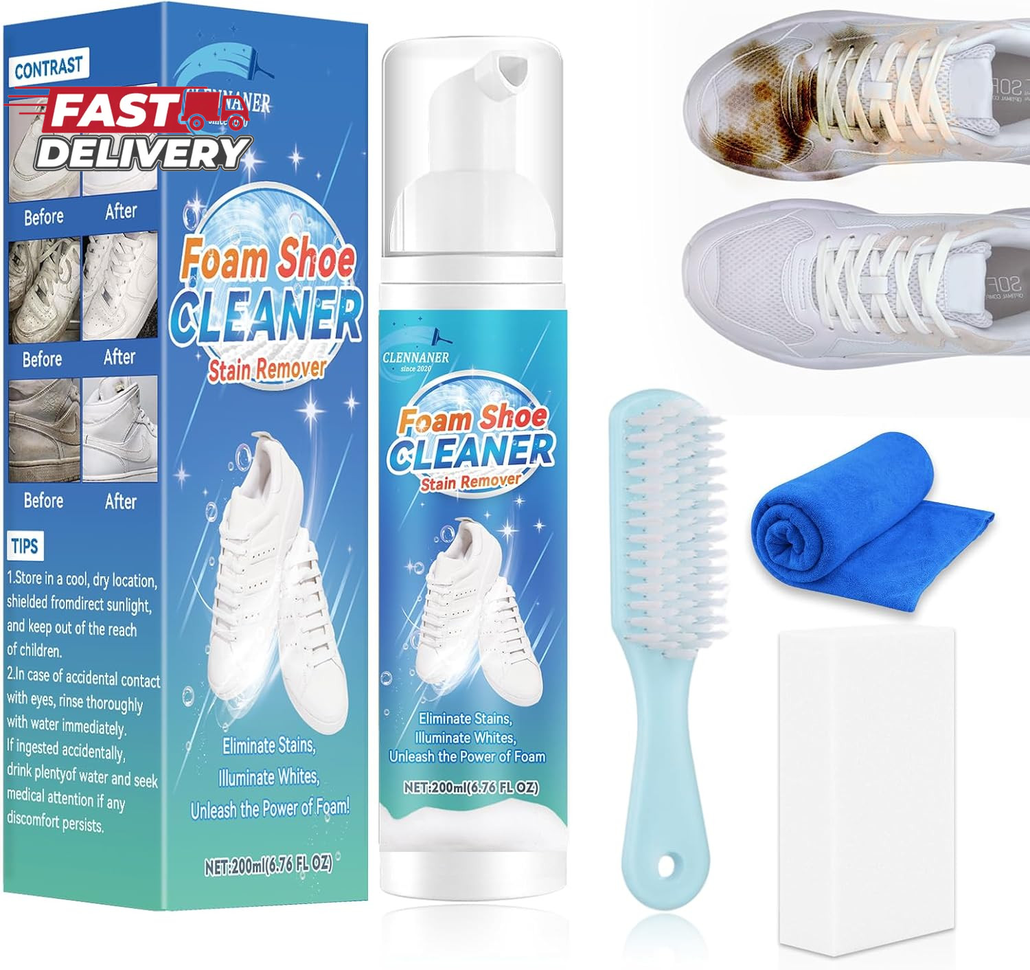 White Shoe Cleaner, 6.76 Oz Shoe Cleaning Kit with Brush and Towel, Sneaker Clea