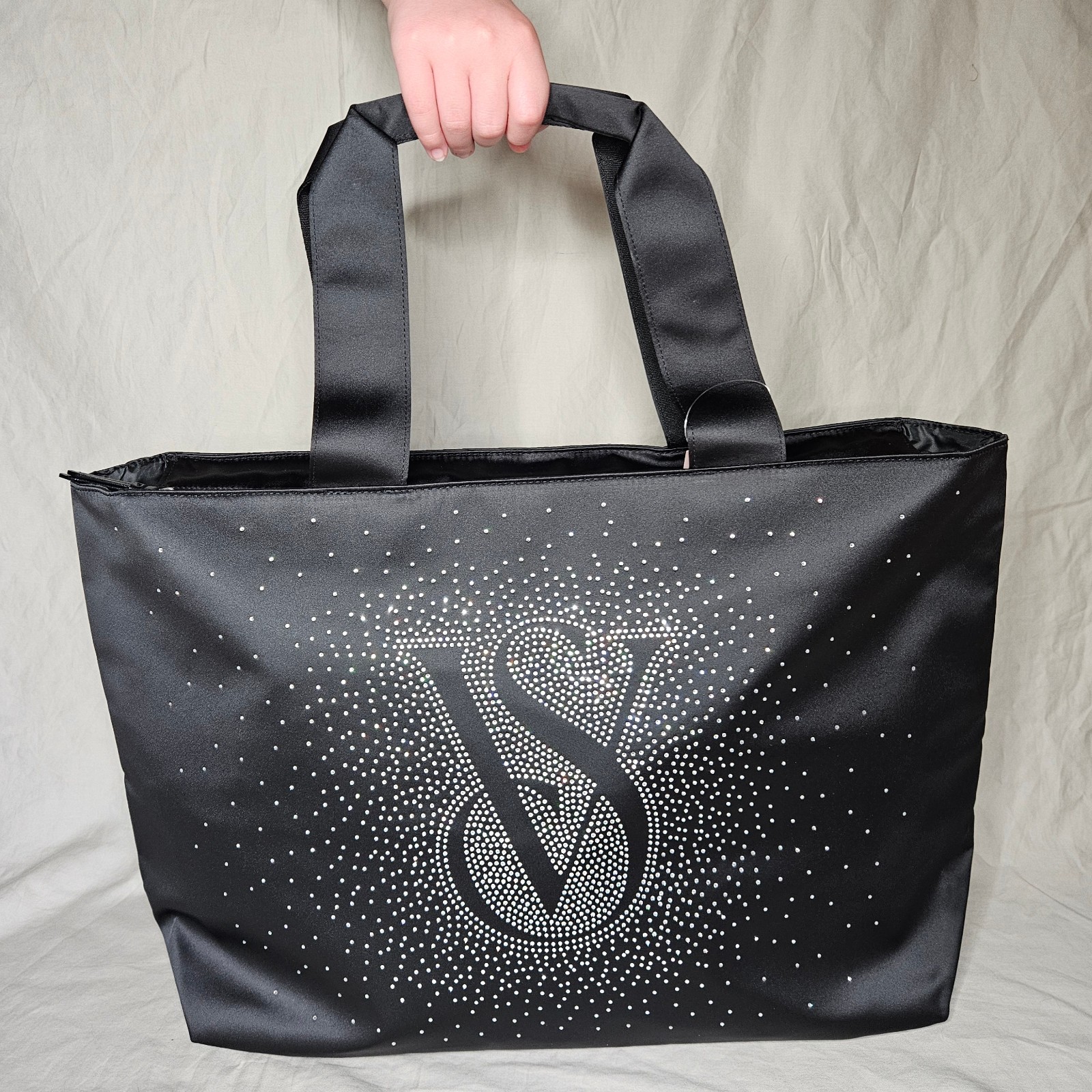 Victorias Secret Shine Tote Bag Black Satin Sparkly Rhinestone VS Logo Handbag