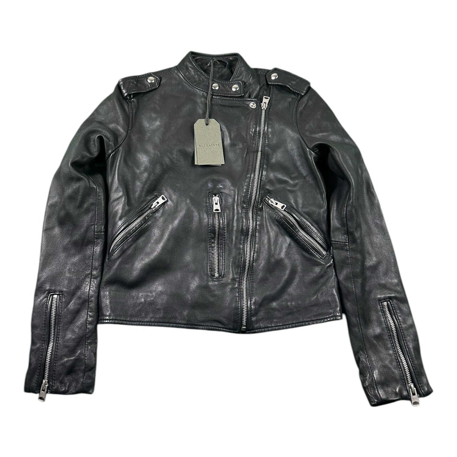 NWT Allsaints Long Sleeve Klyn Sheep Leather Biker Jacket Black Womens Size 2