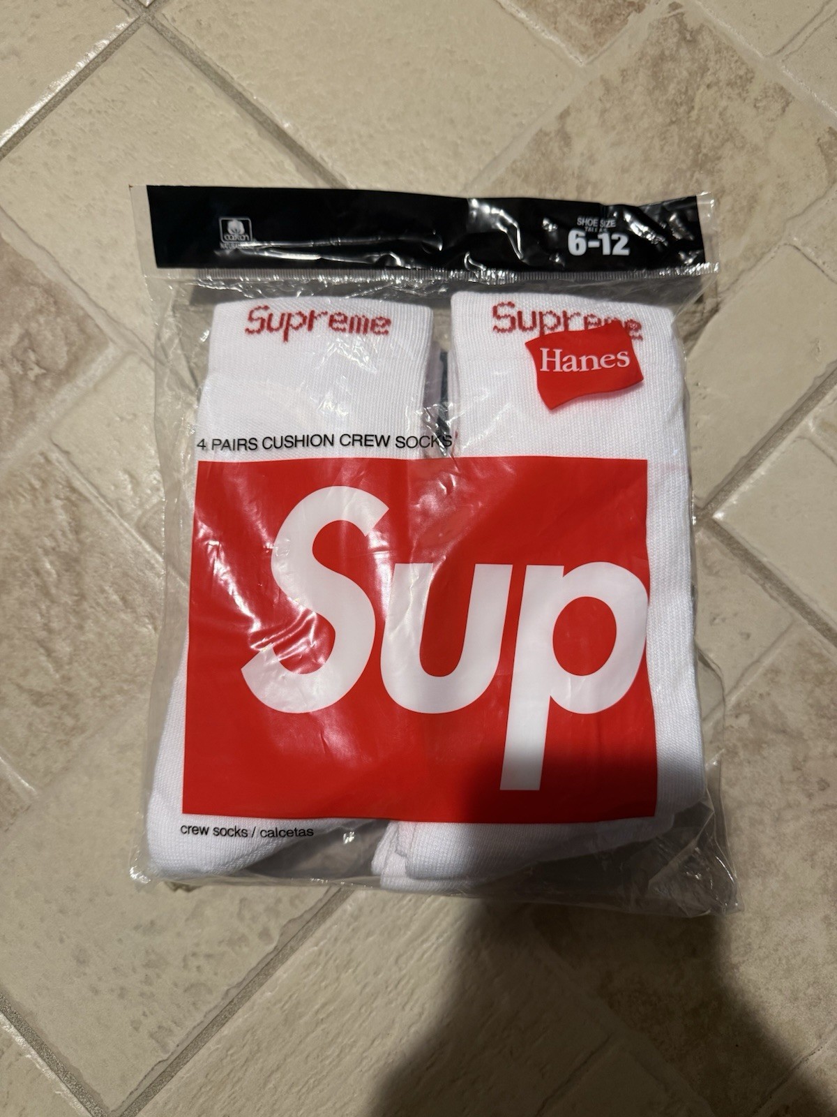 Supreme X Hanes Crew Socks - White, 4 Pack, Size 6-12