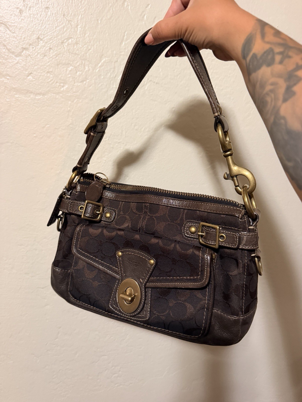 Coach Signature 65th Anniversary Legacy Shoulder Bag Chocolate Brown Turnlock