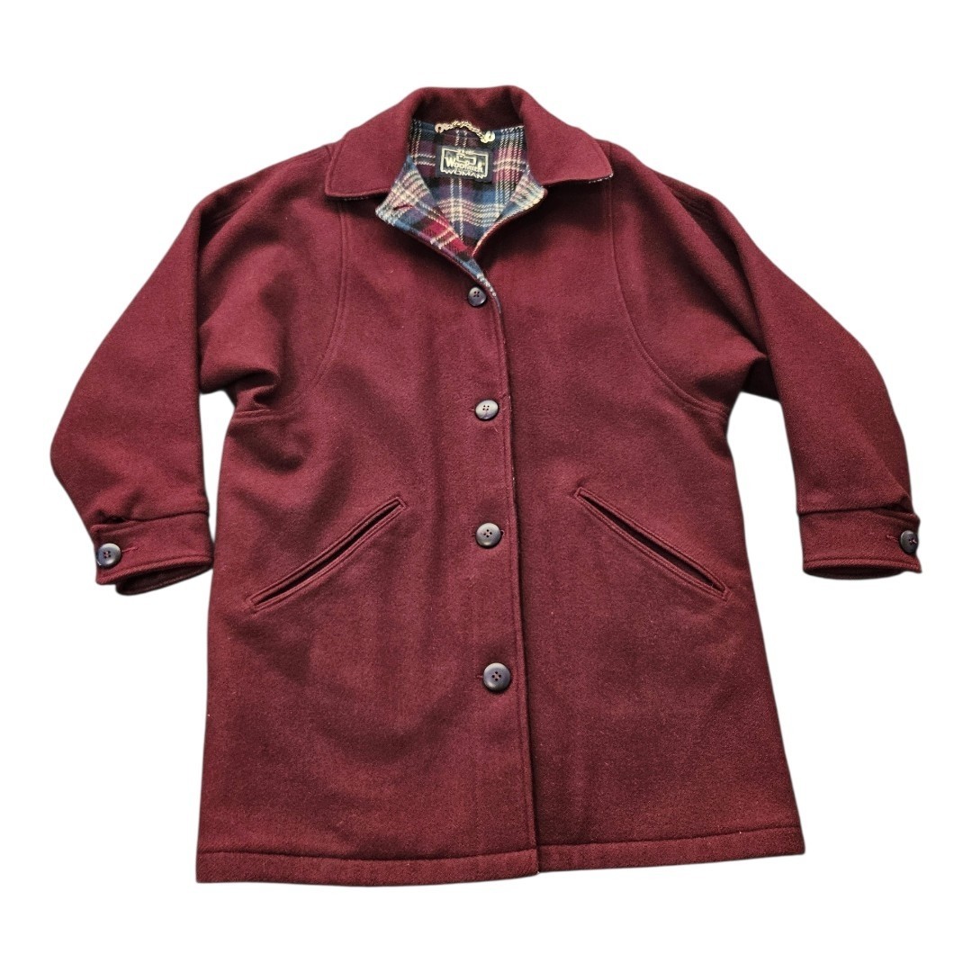 Vintage Woolrich 100% Wool Medium Burgundy Coat Button Jacket Blanket Lined