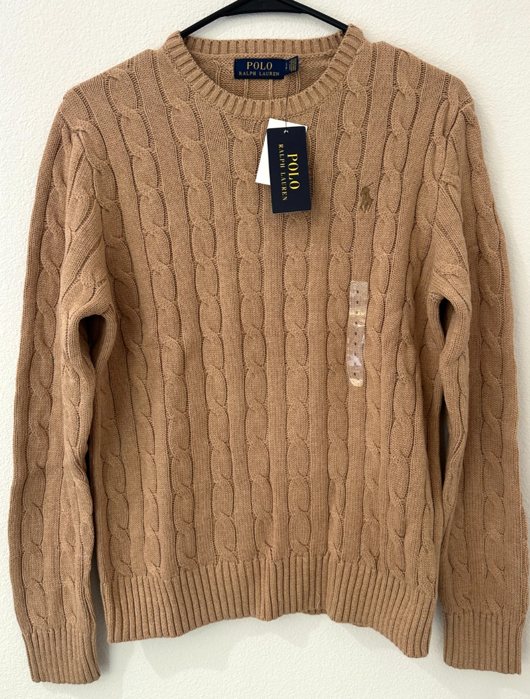 Polo Ralph Lauren Men\'s Cable Knit Cotton Crewneck Sweater Brown Pony S