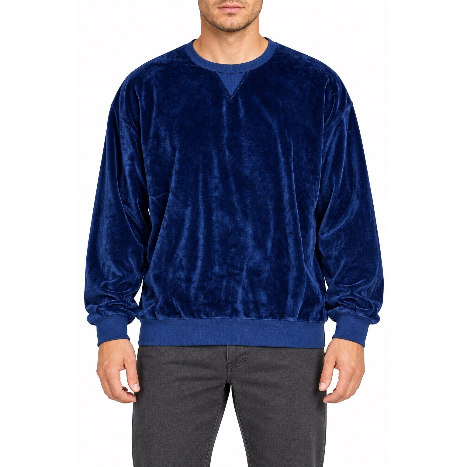 Vintage The Wilger Company Mens XL Navy Blue Velour Velvet Sweatshirt USA Made