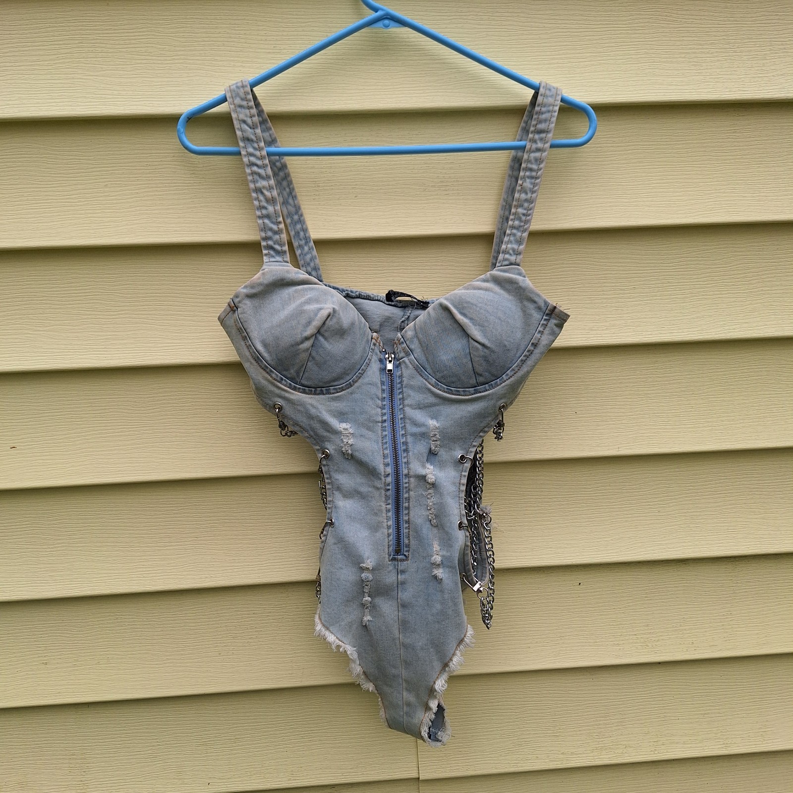 New Rehab Lab Denim Corset Romper Bodysuit Distressed S Sexy Romantic Chain Rave