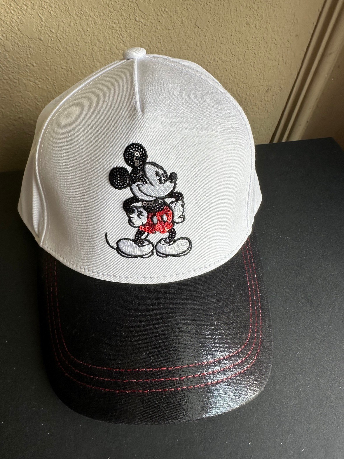 Disney Mickey Mouse Sequin Baseball Cap White Black Adjustable Strap Hat NWT