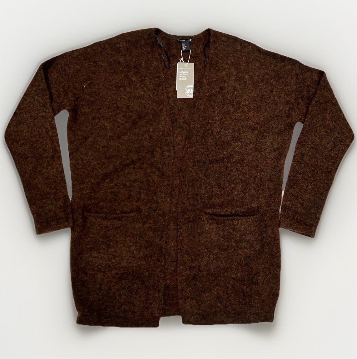H&M Mohair Merino Maxi Open Relaxed Fit Cardigan Pockets Womens M Brown New