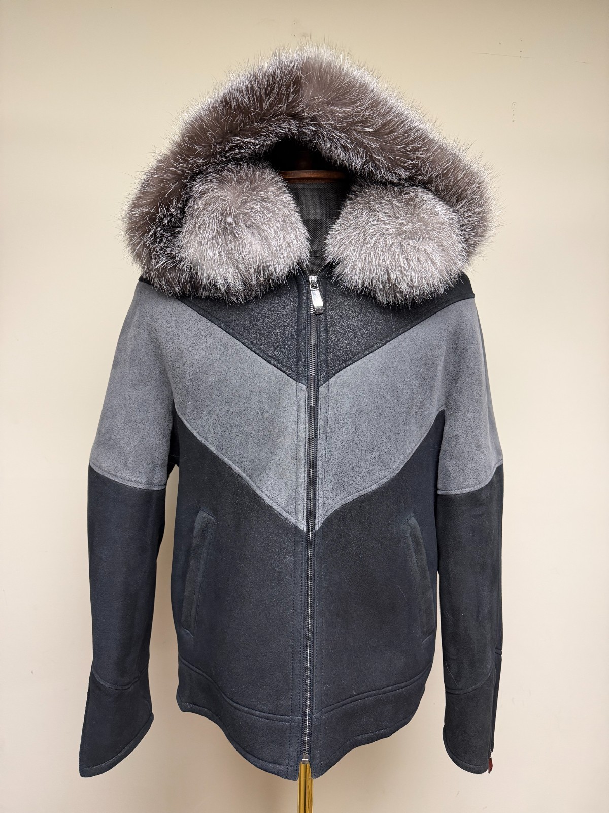 Brand New Men's Black - Grey Genuine SheepSkin Shearling with Real Fox Hood