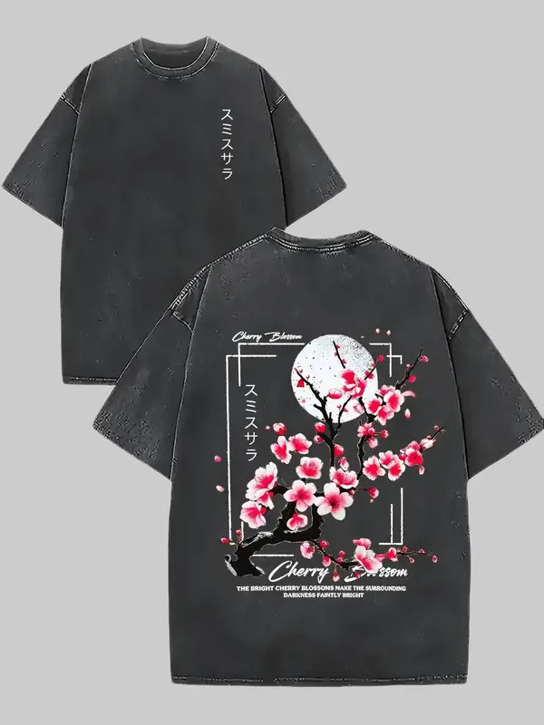 Japanese Cherry Blossom Vintage Washed Oversized Graphic T‑Shirt