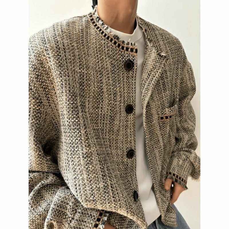 Men’s Vintage-Style Tweed Knit Cardigan Jacket Gray Beige Oversized Button Front