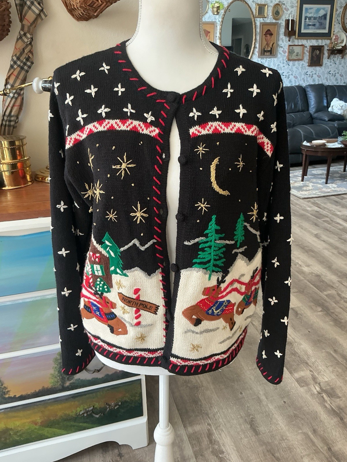 Vintage 90s Designers Originals Studio Christmas Cardigan Reindeer Starry Night