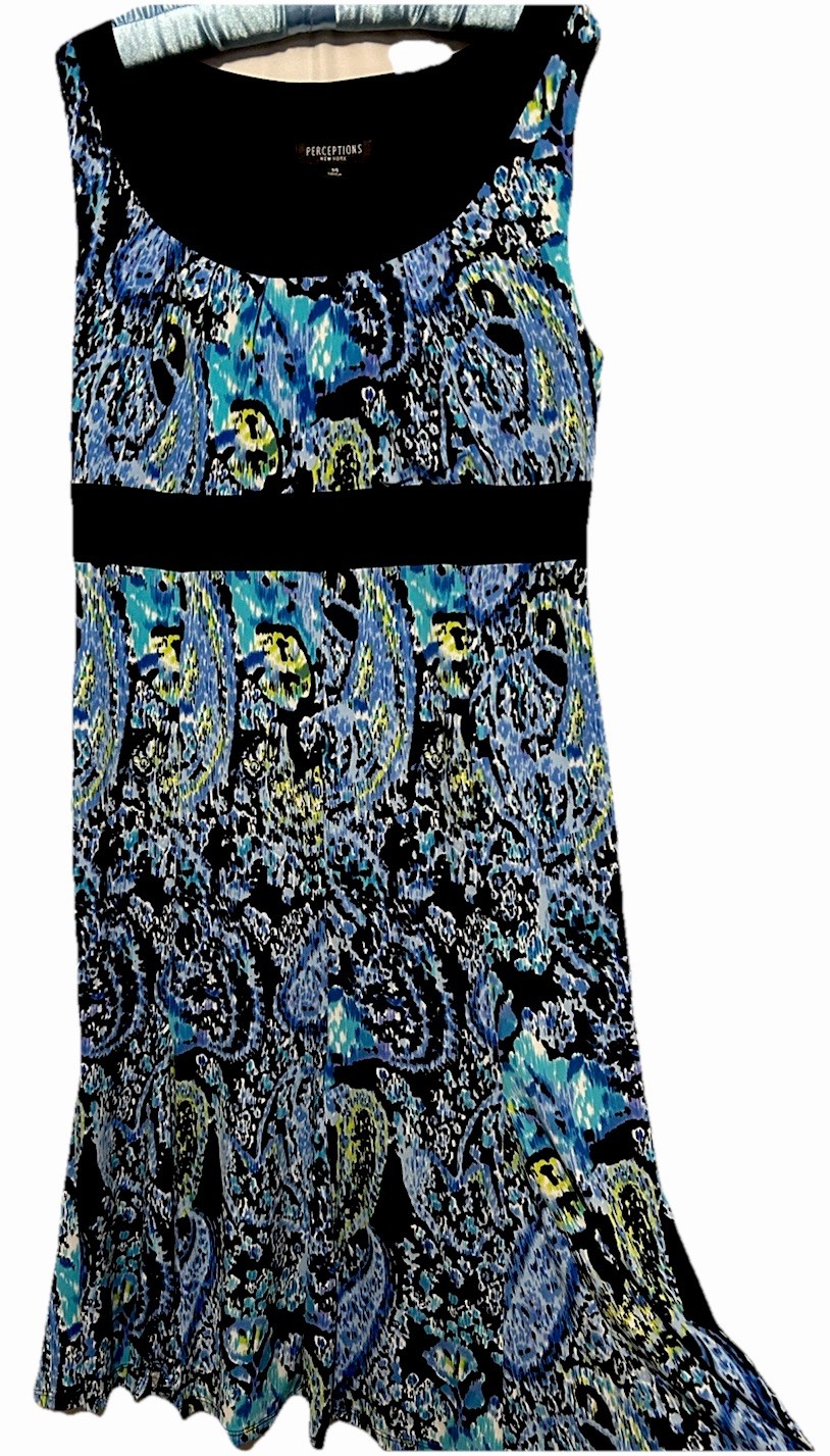Perceptions Dress 14 Black Teal Blue Artsy Stretch Knit Sleeveless Church Career