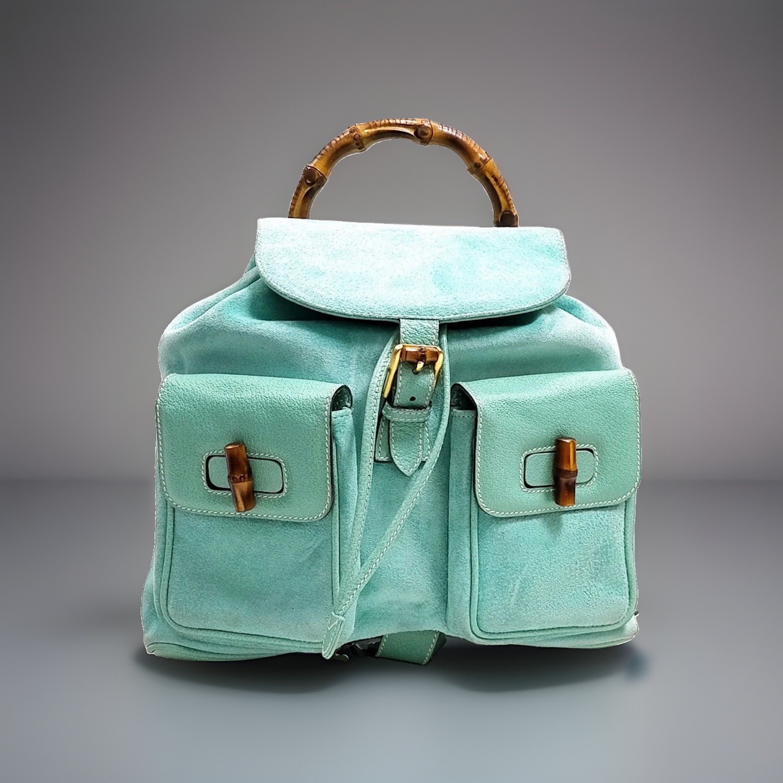 Vintage Gucci Bamboo Suede Leather Teal Turquoise Backpack STUNNING