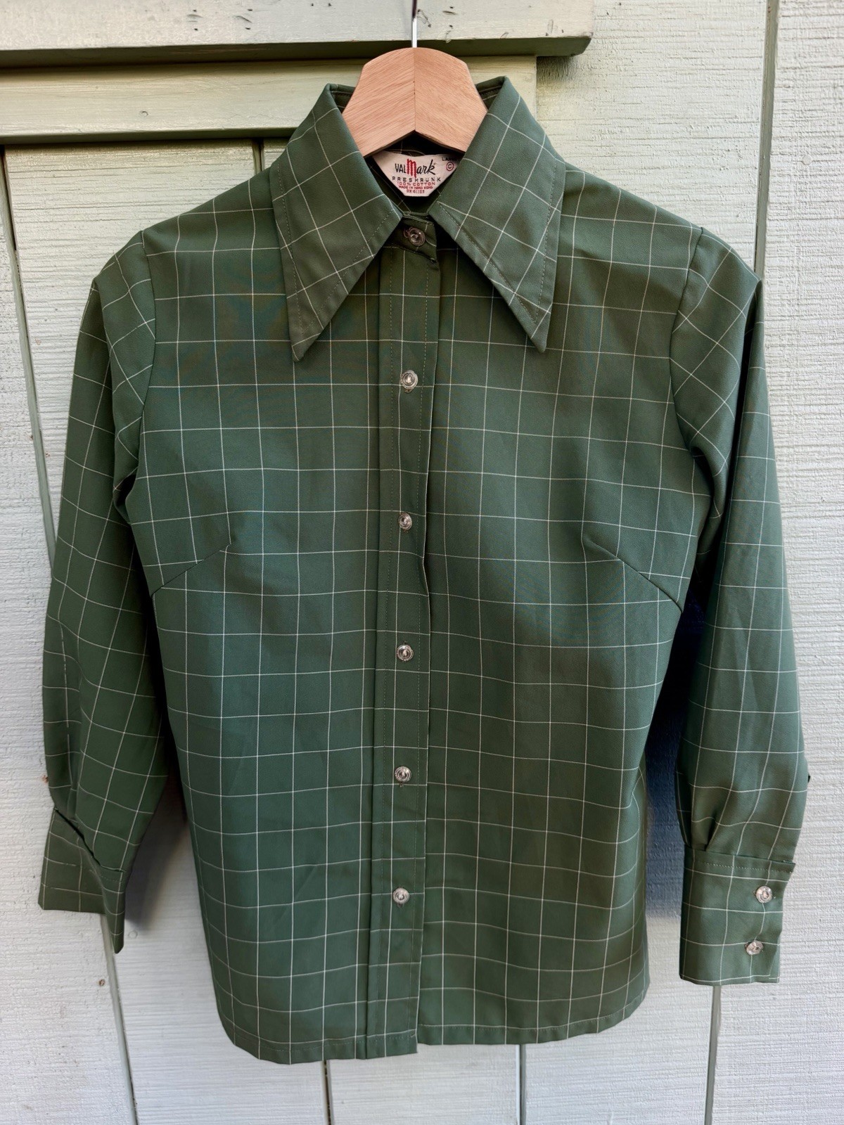 vintage womens Val mark cotton button up shirt 1970s L (Fits S) green 