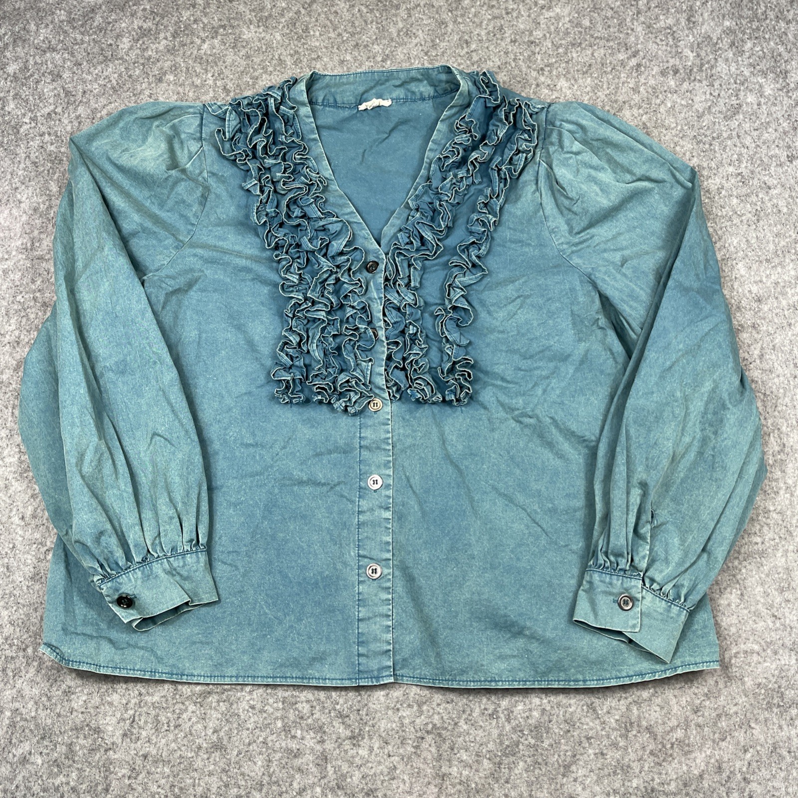 Pol Shirt Women\'s Small Green 100% cotton Ruffle V Neck Boho Victorian Lagen