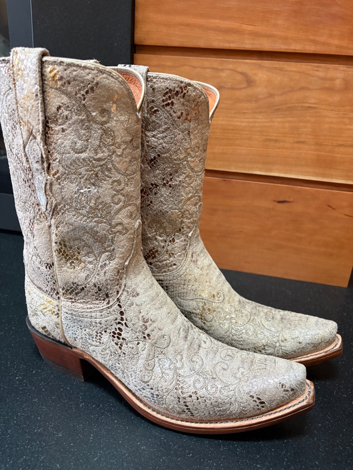 Lucchese 1883 Stone Shimmer Embossed Python Print Leather Boots Women 8.5