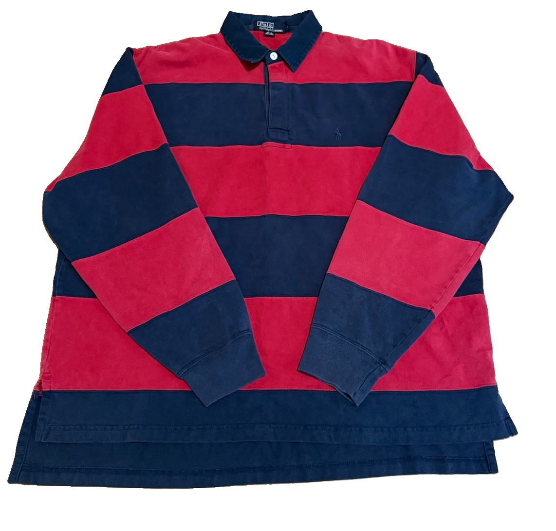 Vintage Polo Ralph Lauren Men Large Rugby Shirt Red Navy Blue Striped