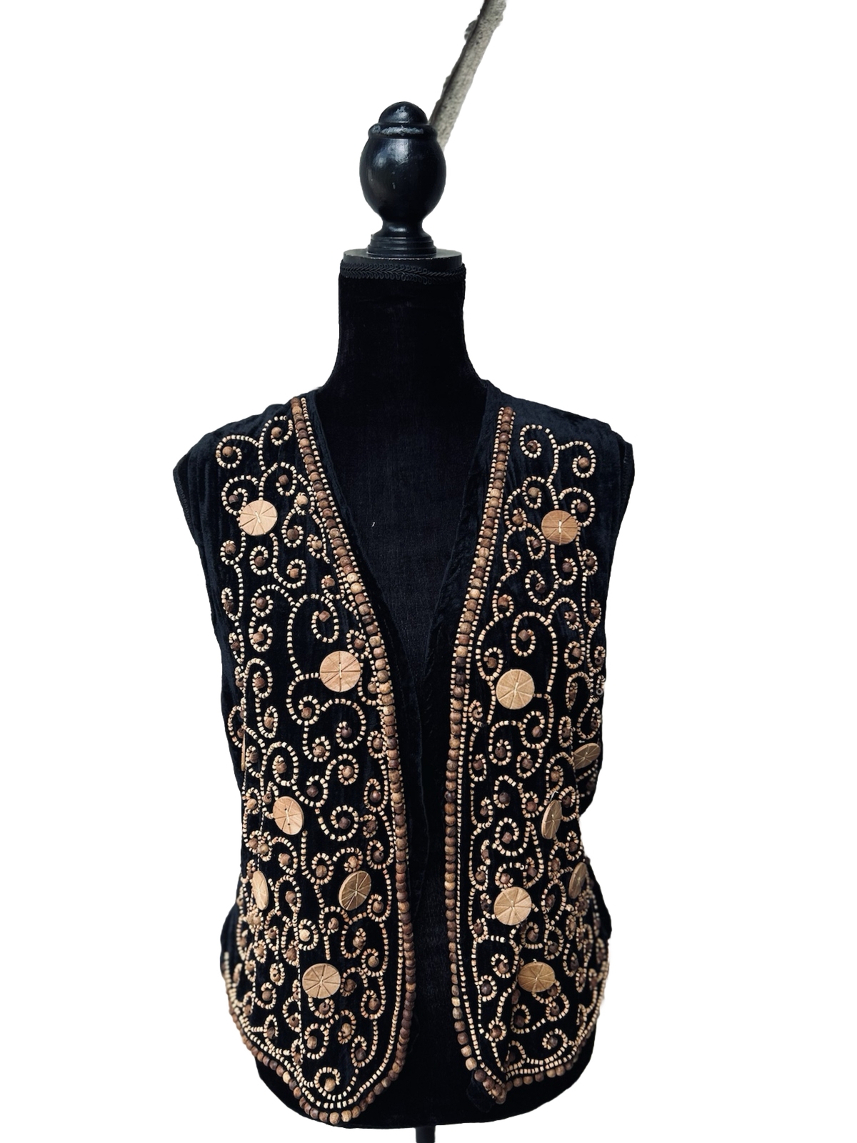 Vintage Effeci Black Velvet Vest Medium Wood Bead Embellishments Lined Excellent