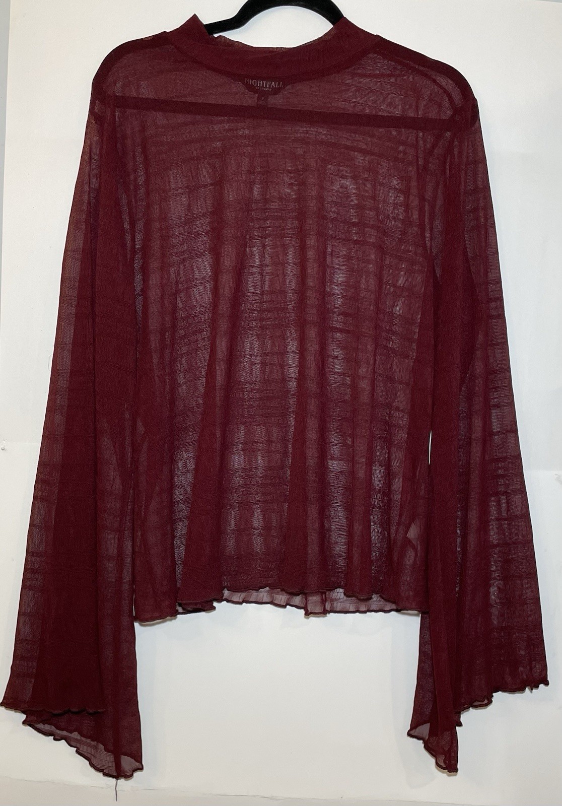 Torrid Nightfall Sheer Mesh Tunic Top Plus 2X Sz 2 Wine Flared Sleeve Mock Neck