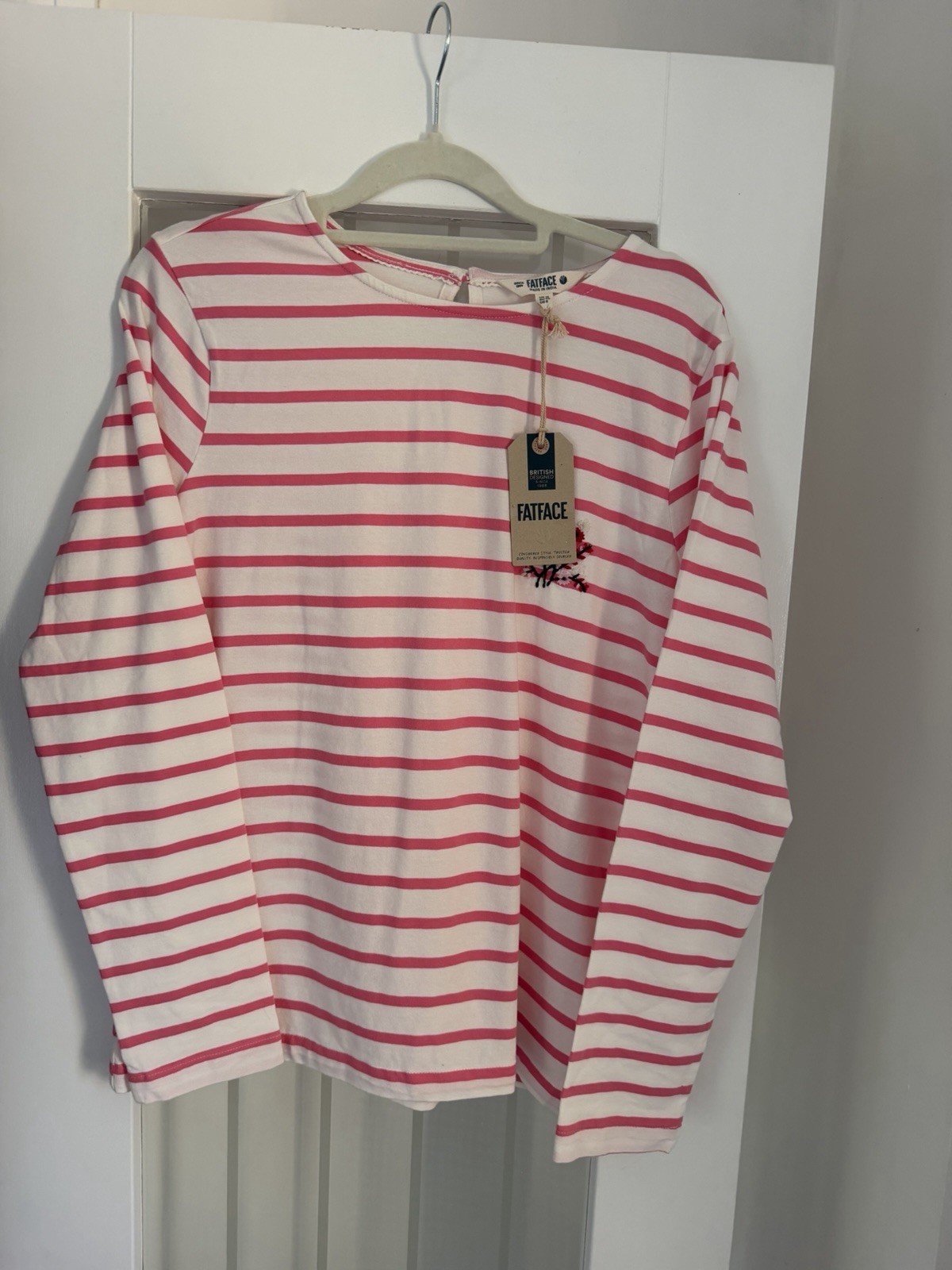 FatFace Nell Stripe Top Women’s UK 12 Pink White Floral Embroidered BNWT