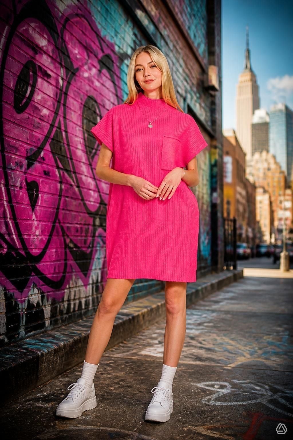 Zenana Short Sleeve Sweater Dres HOT PINK