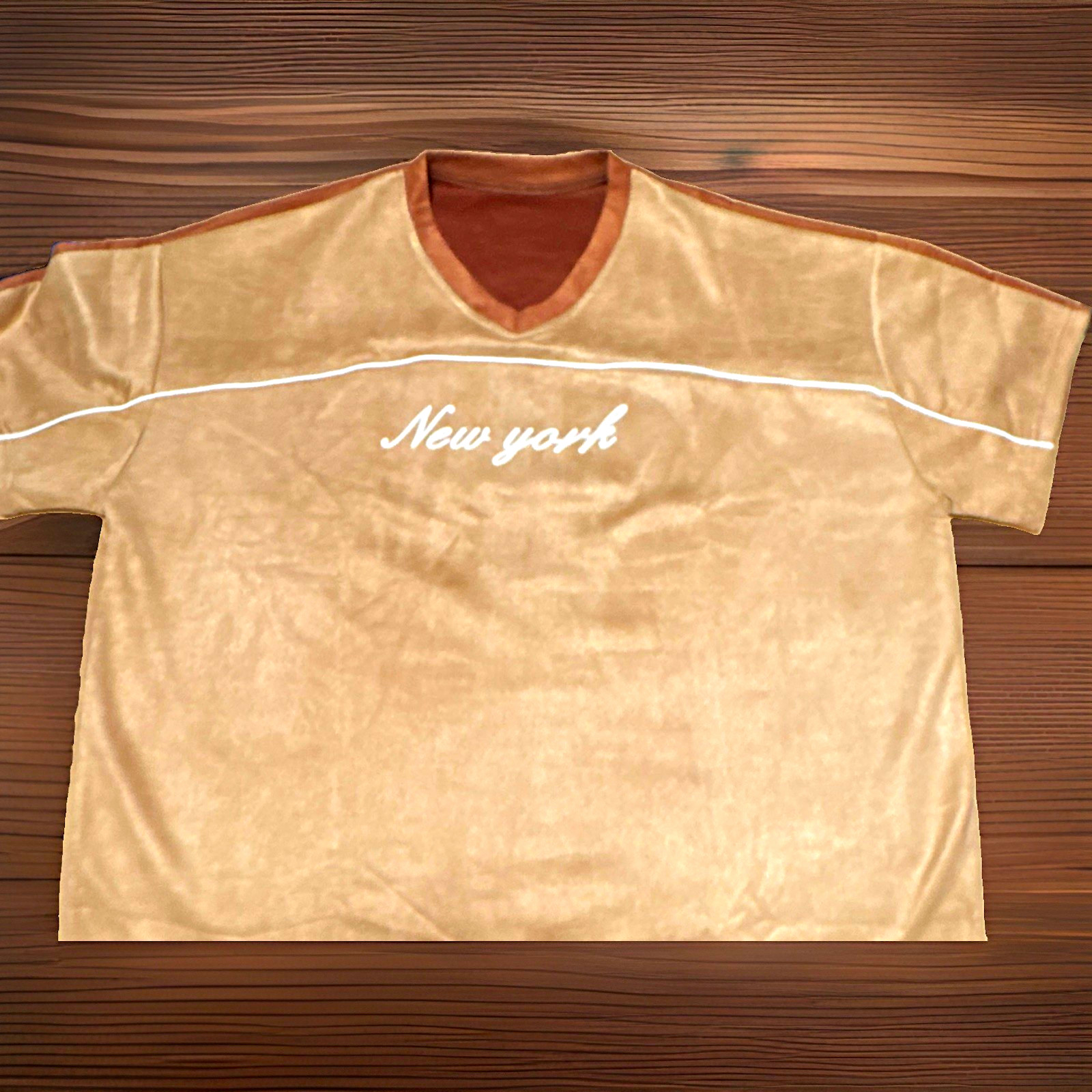 Men’s Beige/Brown Colorblock V-Neck Short Sleeve Polyester T-Shirt M New York