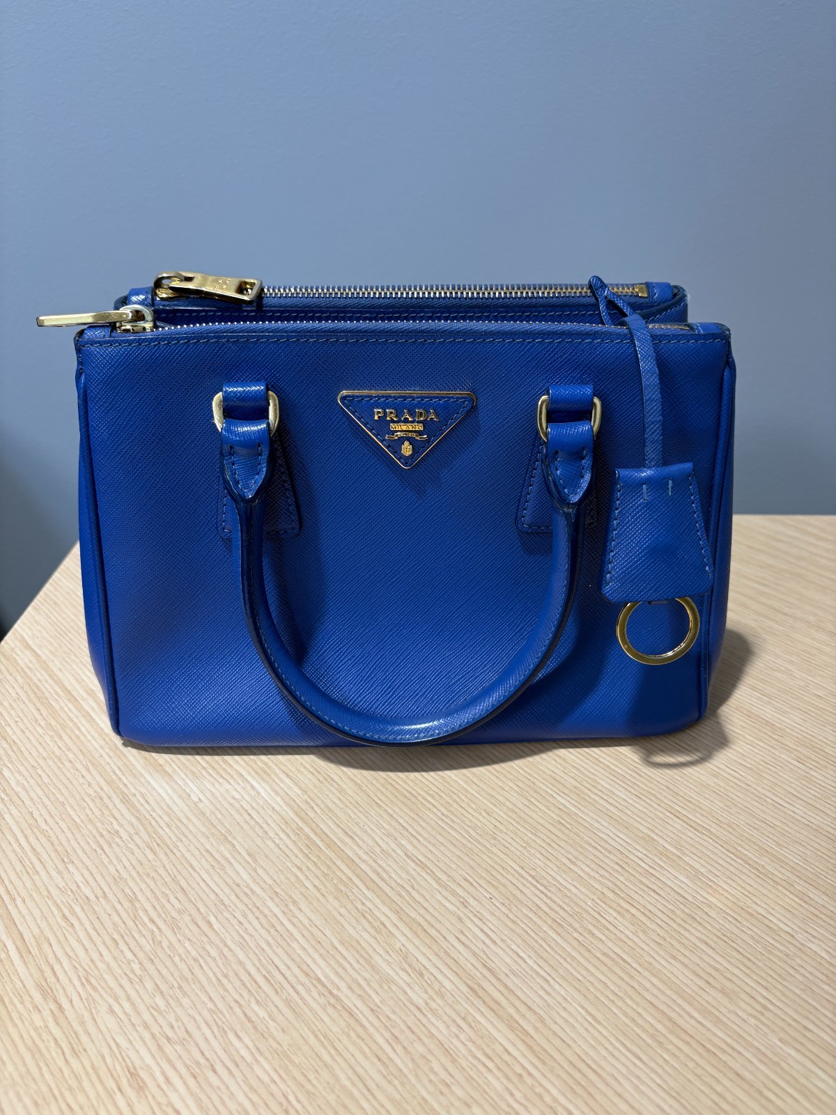Prada Small Galleria Saffiano Leather Bag Blue Double Zip Tote W/ Strap Dustbag