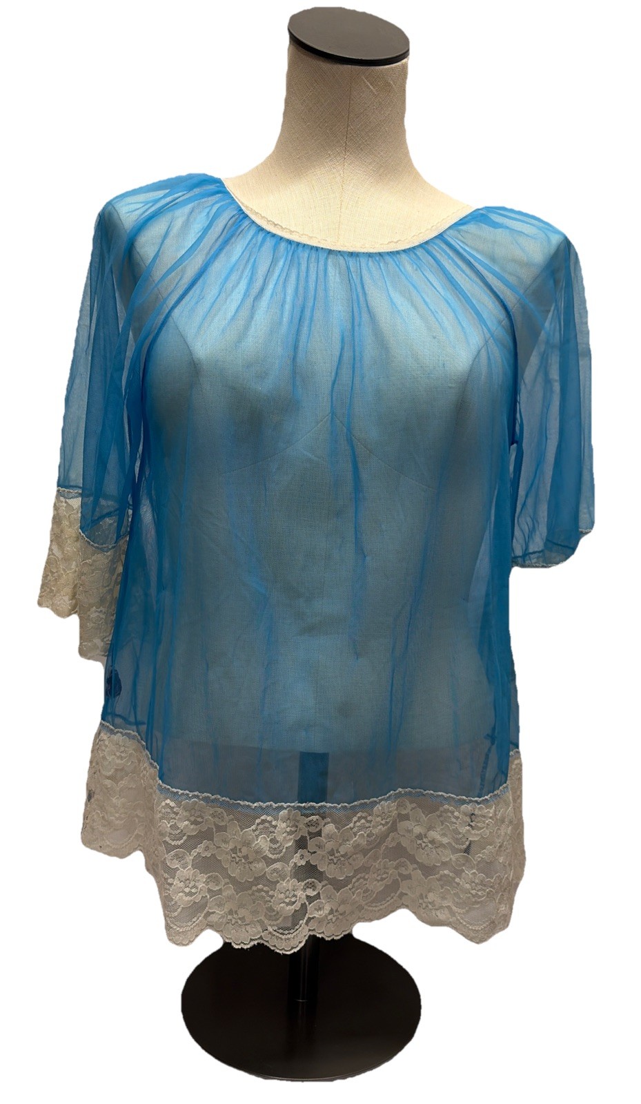 Vintage Women’s Blue Chiffon White Lace Short Bell Sleeve Nightgown Size S