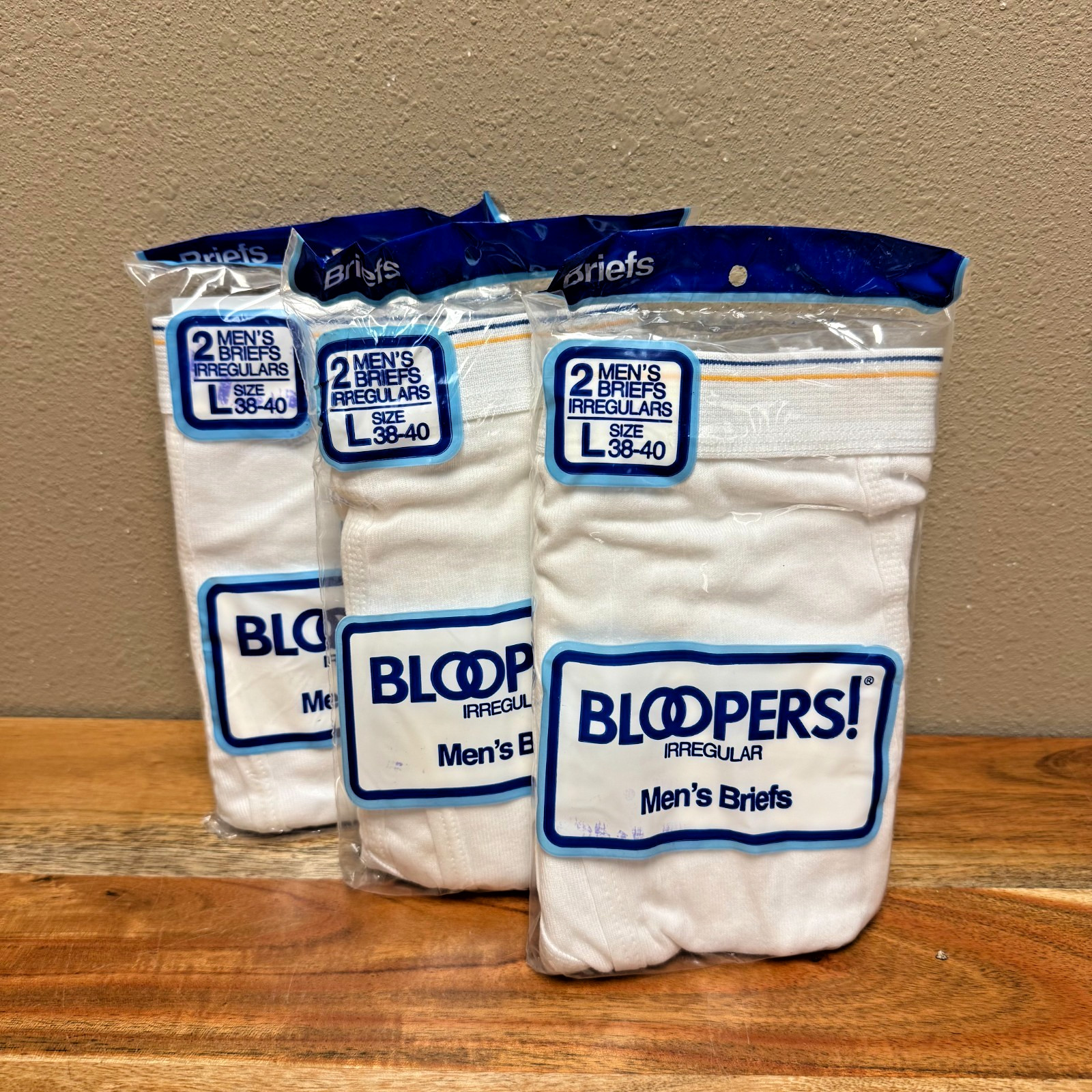 Vintage 1988 FTL Bloopers Men\'s Briefs LARGE 38-40 - 3, 2 Pack NOS USA Blue Gold