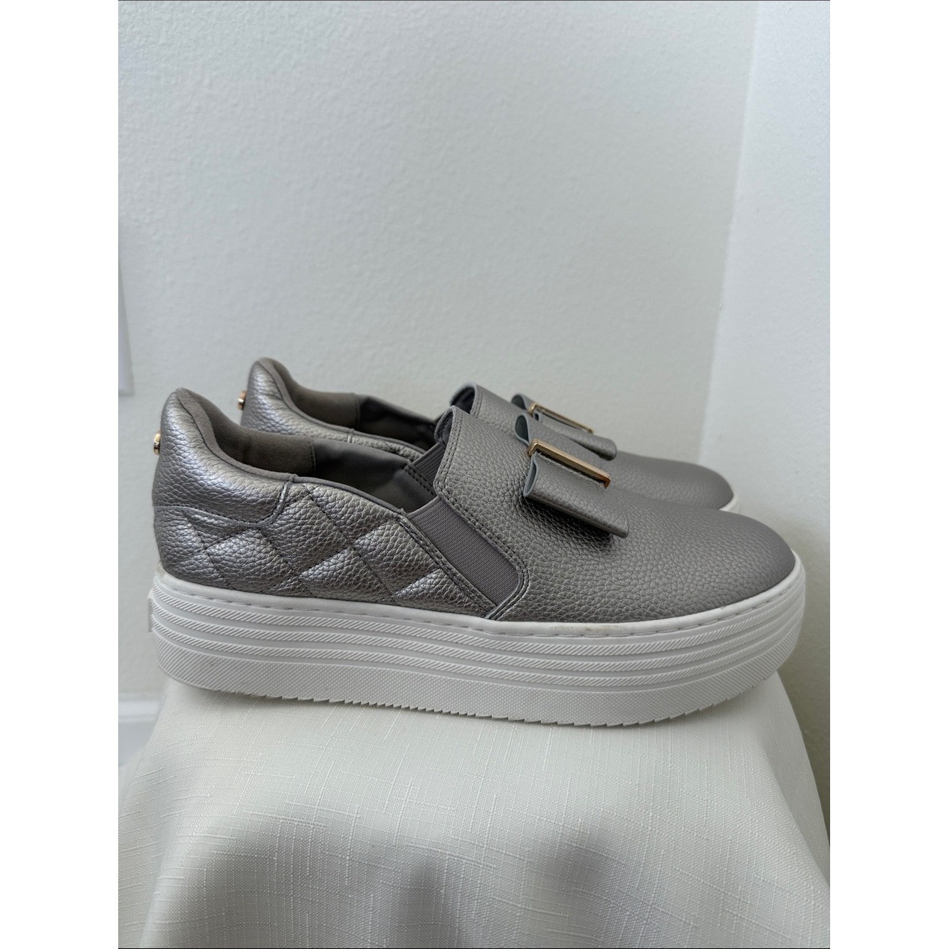 Joy Mangano Silver Metallic Slip-On Platform Sneakers with Bow and Gold Accent