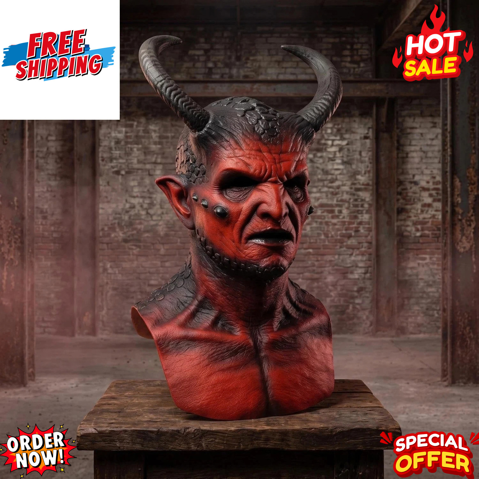 Realistic Latex Demon Mask with Horns Full Face Halloween Costume Prop