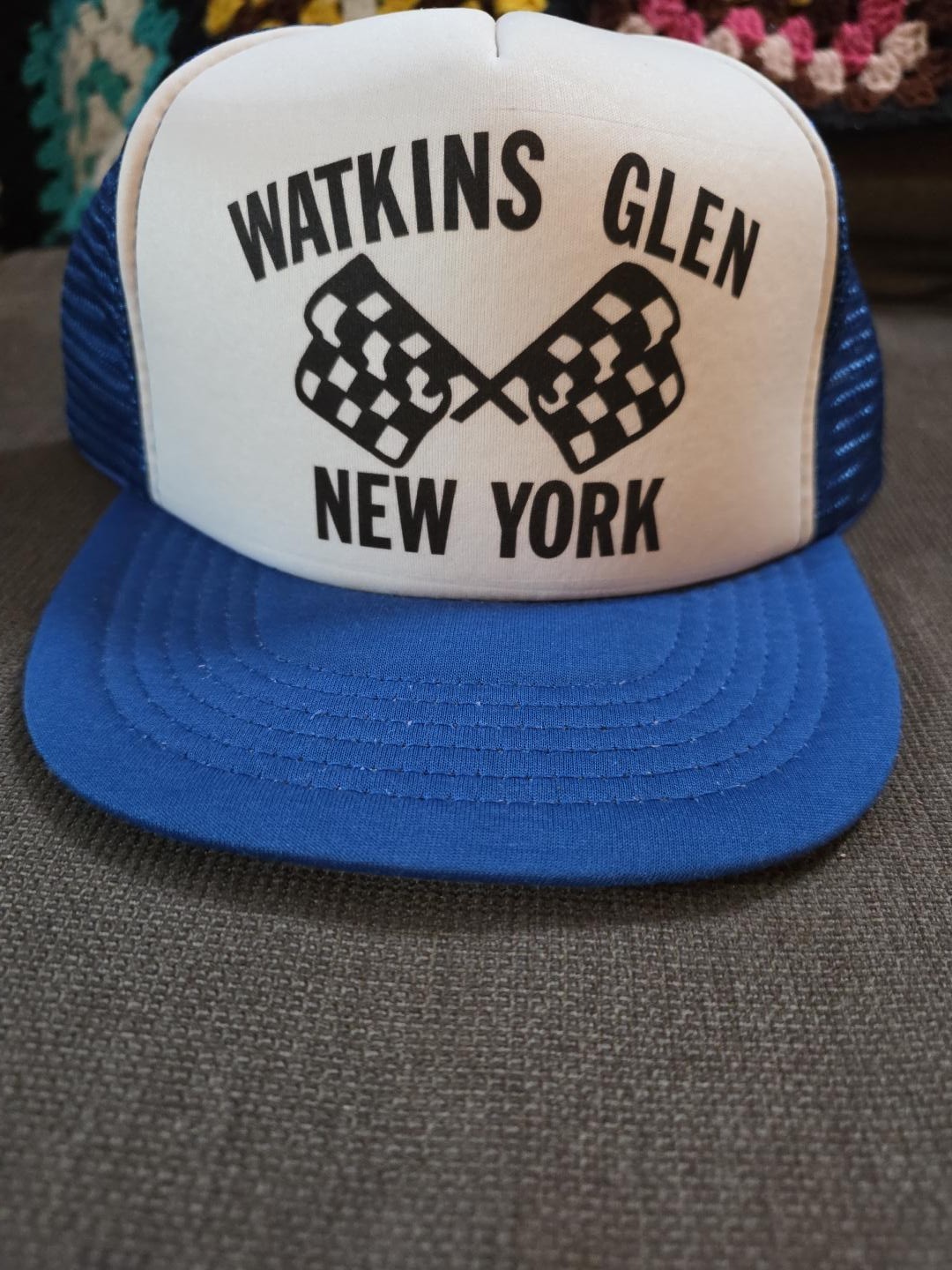 Vintage 80s Watkins Glen New York Racing Trucker Hat Checkered Flag Snapback
